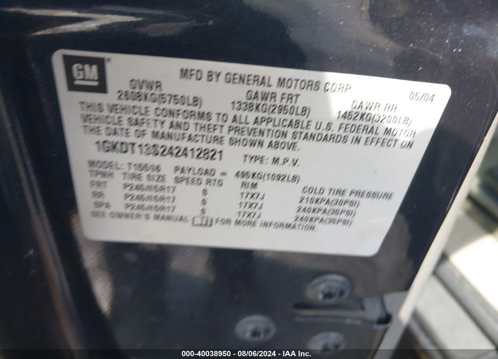 2004 GMC ENVOY SLE VIN: 1GKDT13S242412821
