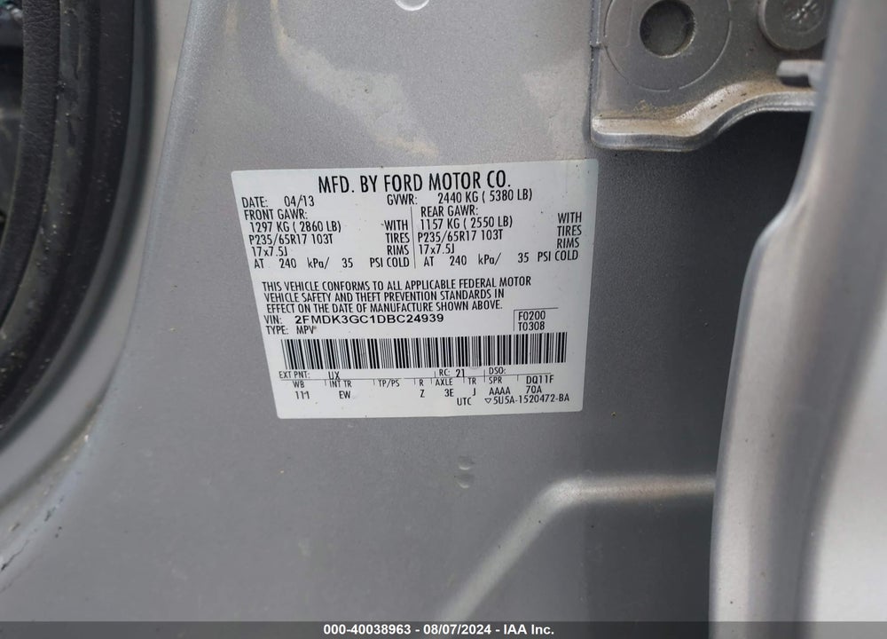 2013 FORD EDGE VIN: 2FMDK3GC1DBC24939