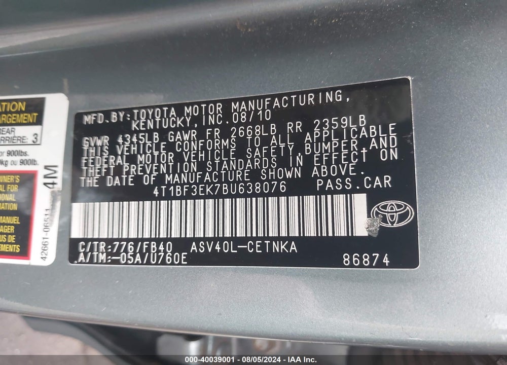 2011 TOYOTA CAMRY LE VIN: 4T1BF3EK7BU638076