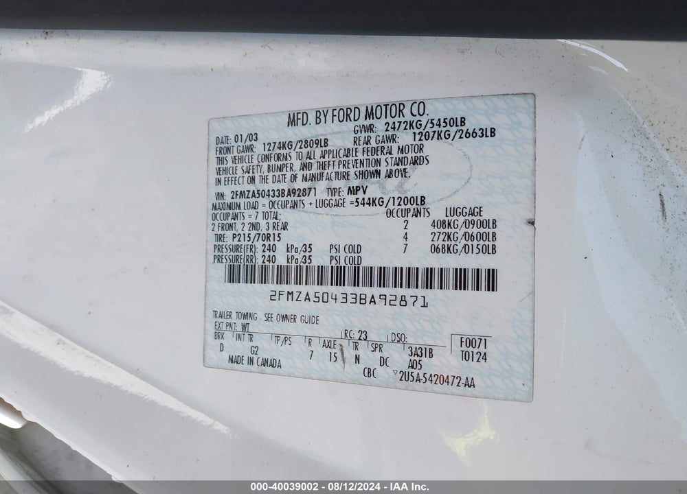 2003 FORD WINDSTAR STANDARD VIN: 2FMZA50433BA92871