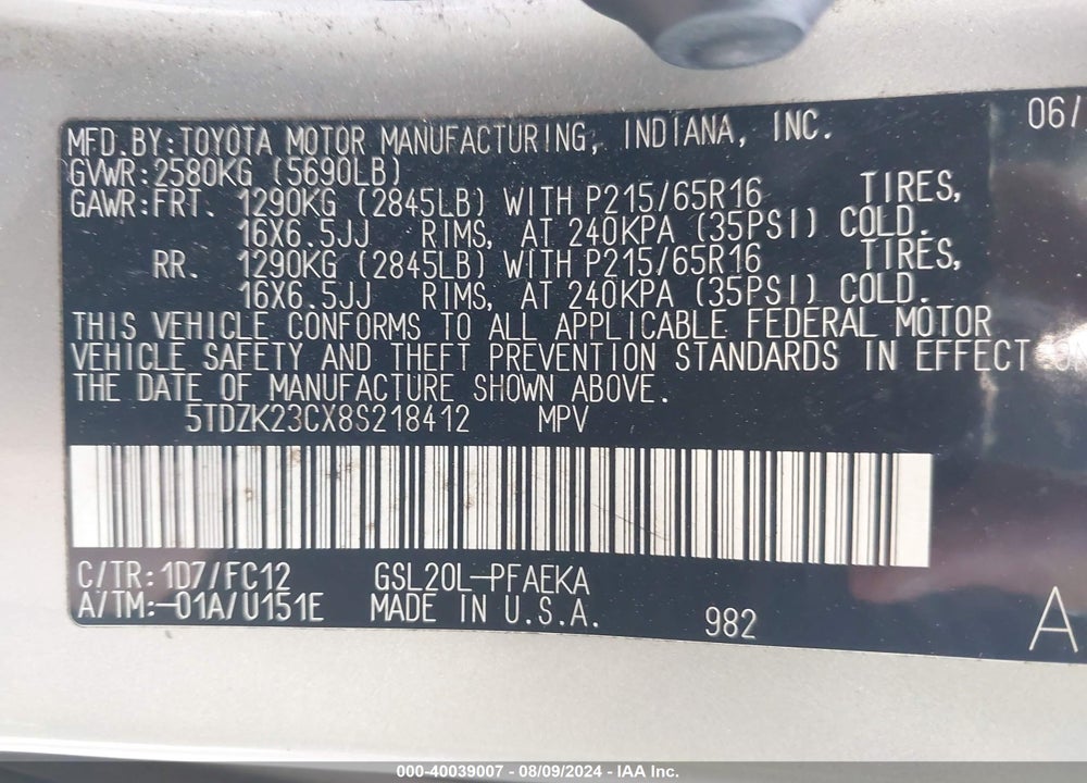 2008 TOYOTA SIENNA LE VIN: 5TDZK23CX8S218412