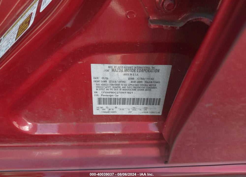 2007 MAZDA 6 I SPORT VE VIN: 1YVHP80C275M11821