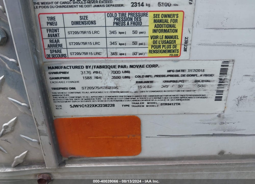 2019 SURE-TRAC TRAILERS VIN: 5JW1C122XK2238228