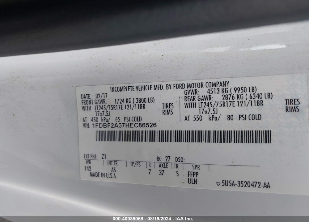 2017 FORD F-250 XL VIN: 1FDBF2A67HEC86526