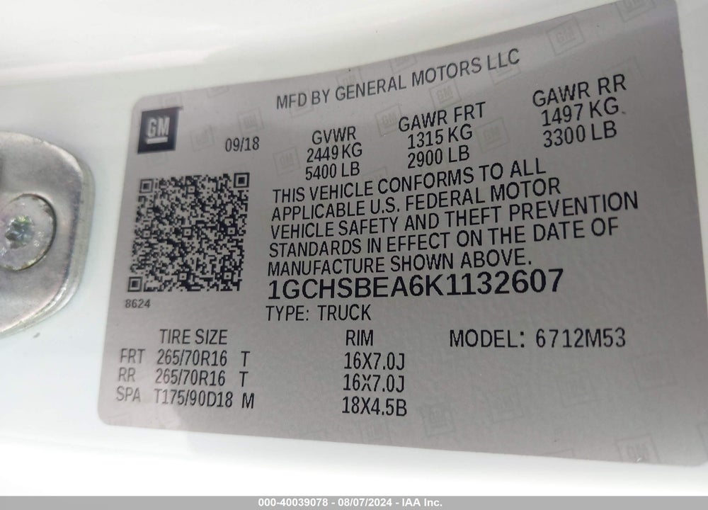 2019 CHEVROLET COLORADO WT VIN: 1GCHSBEA6K1132607