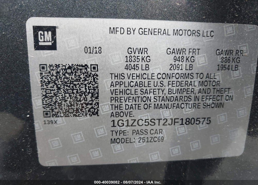 2018 CHEVROLET MALIBU 1FL VIN: 1G1ZC5ST2JF180575