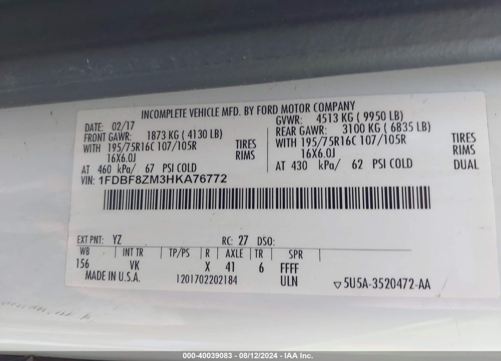 2017 FORD TRANSIT-350 CAB VIN: 1FDBF8ZM3HKA76772