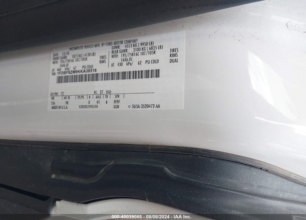 2019 FORD TRANSIT-350 CAB VIN: 1FDBF8ZM9KKA38518