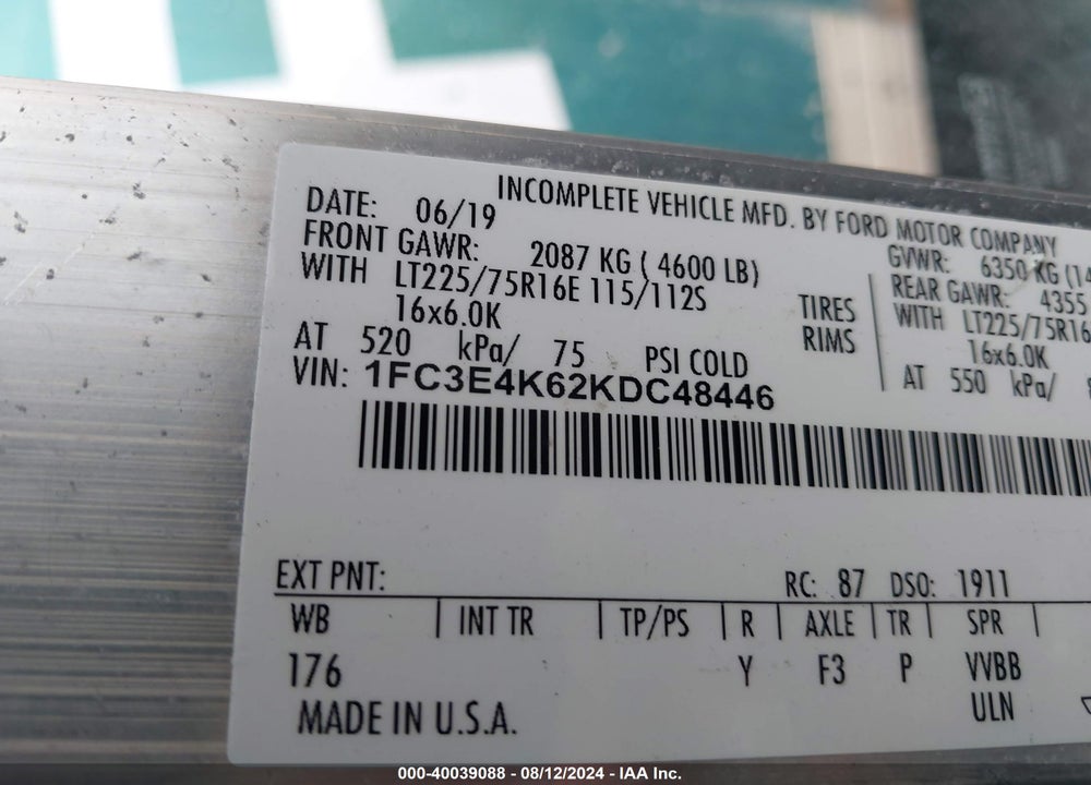 2019 FORD E-450 STRIPPED VIN: 1FC3E4K62KDC48446