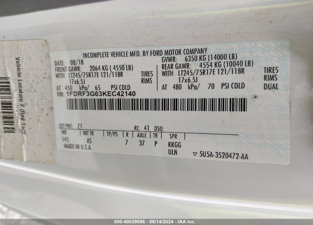 2019 FORD F-350 CHASSIS XL VIN: 1FDRF3G63KEC42140