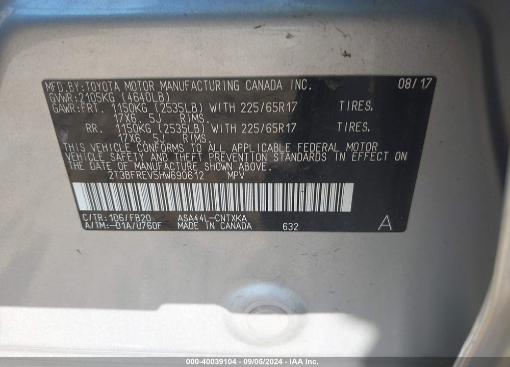 2017 TOYOTA RAV4 LE VIN: 2T3BFREV5HW690612