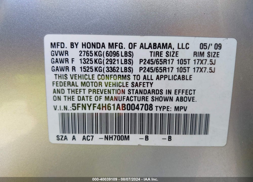 2010 HONDA PILOT EX-L VIN: 5FNYF4H61AB004708