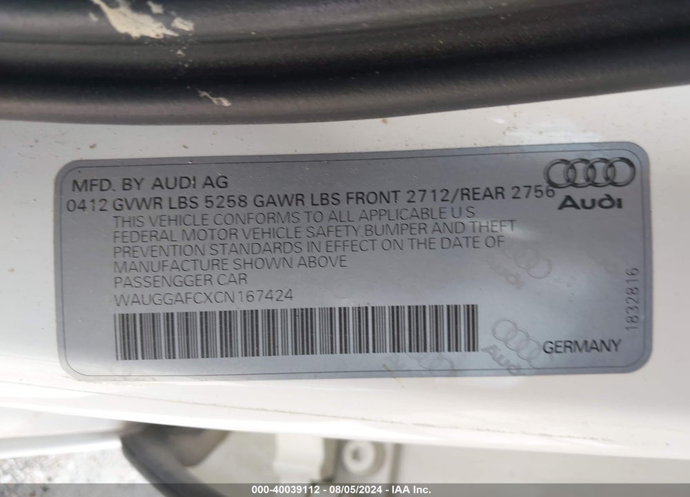 2012 AUDI A6 3.0 PREMIUM VIN: WAUGGAFCXCN167424