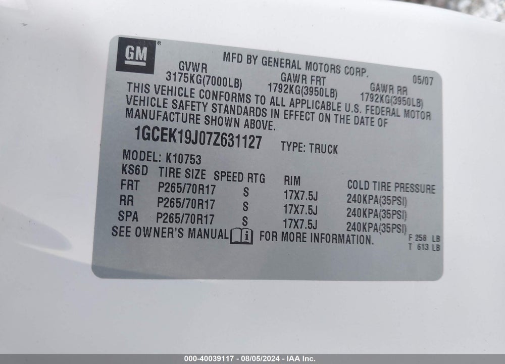 2007 CHEVROLET SILVERADO 1500 LT1 VIN: 1GCEK19J07Z631127
