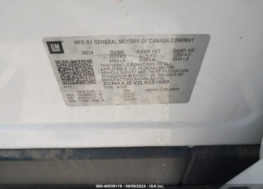 2020 CHEVROLET EQUINOX FWD 2FL VIN: 2GNAXJEV2L6127989
