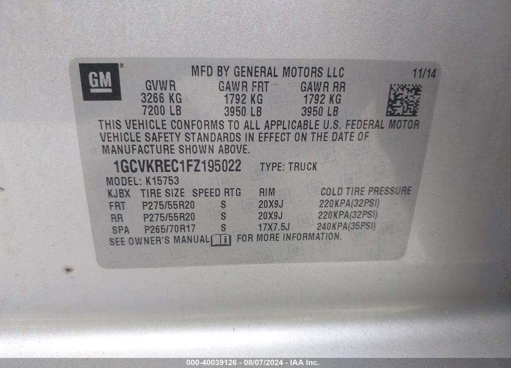 2015 CHEVROLET SILVERADO 1500 1LT VIN: 1GCVKREC1FZ195022