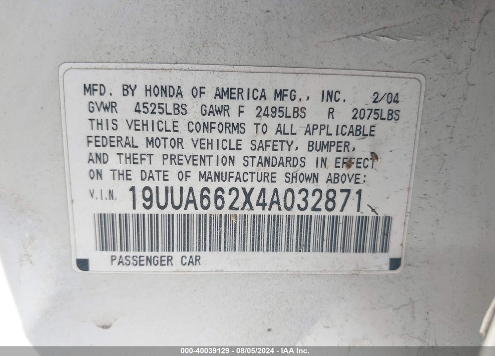 2004 ACURA TL VIN: 19UUA662X4A032871