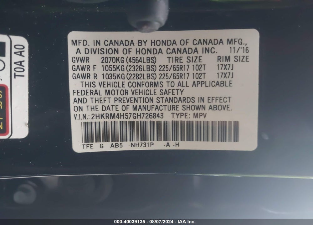 2016 HONDA CR-V EX VIN: 2HKRM4H57GH726843