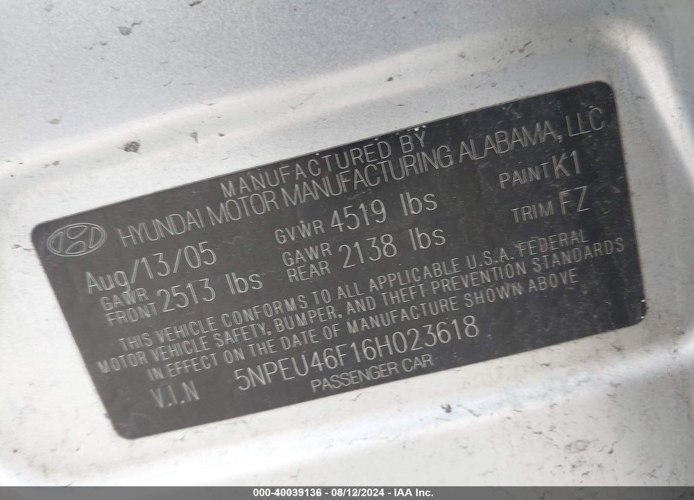 2006 HYUNDAI SONATA GLS V6/LX V6 VIN: 5NPEU46F16H023618