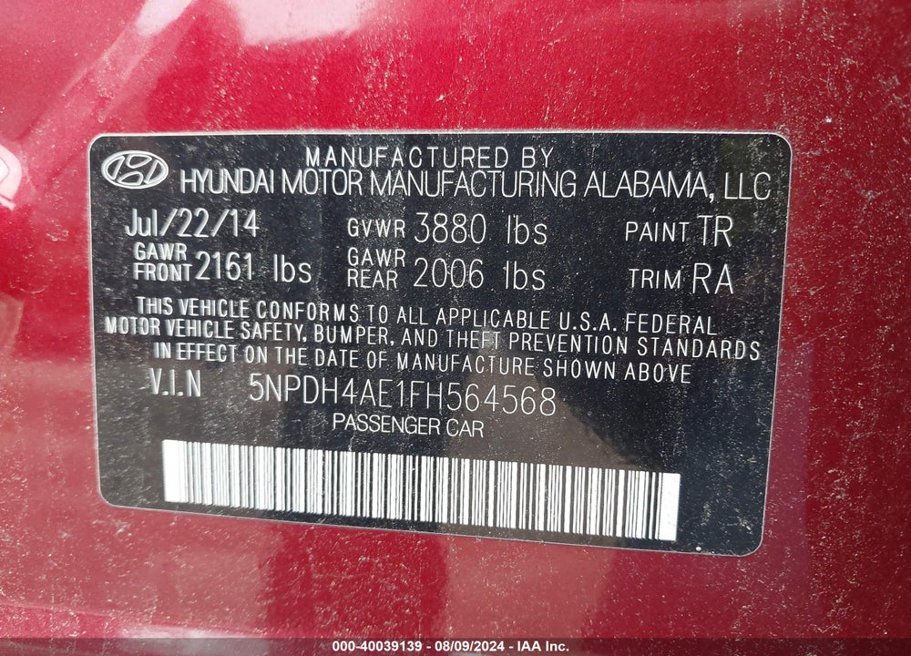 2015 HYUNDAI ELANTRA SE VIN: 5NPDH4AE1FH564568