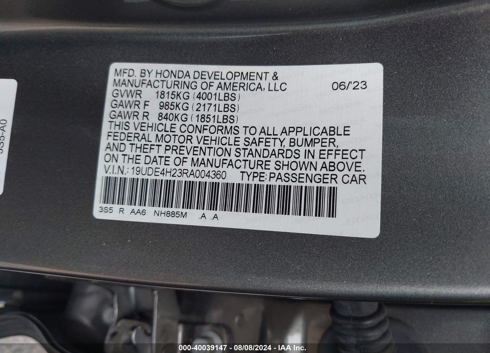 2024 ACURA INTEGRA VIN: 19UDE4H23RA004360