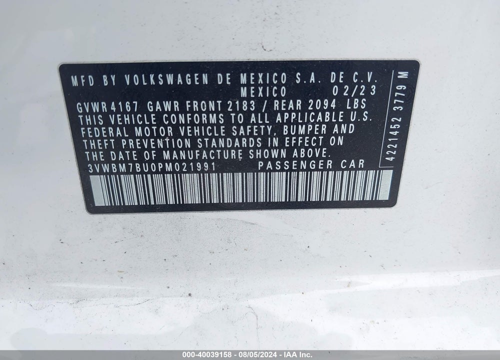 2023 VOLKSWAGEN JETTA VIN: 3VWBM7BU0PM021991