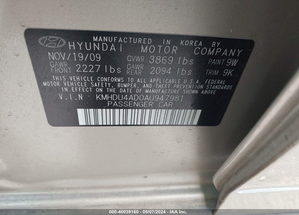 2010 HYUNDAI ELANTRA GLS VIN: KMHDU4AD0AU947981