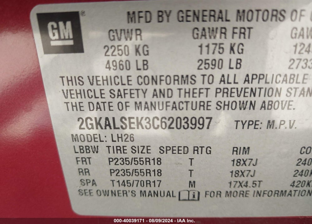 2012 GMC TERRAIN SLE-2 VIN: 2GKALSEK3C6203997