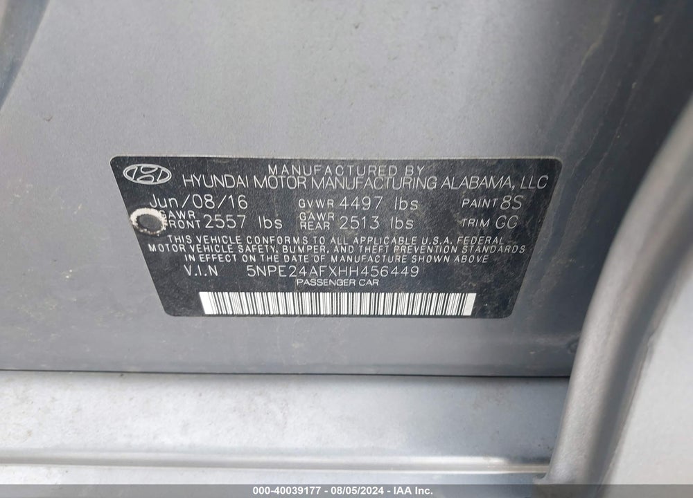 2017 HYUNDAI SONATA VIN: 5NPE24AFXHH456449