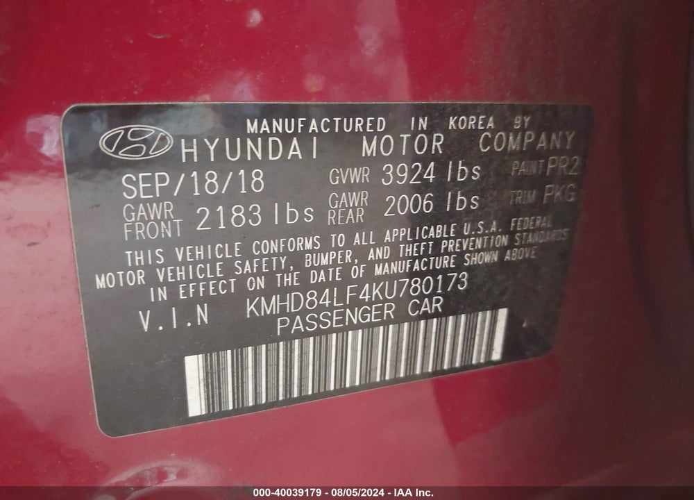 2019 HYUNDAI ELANTRA VALUE EDITION VIN: KMHD84LF4KU780173