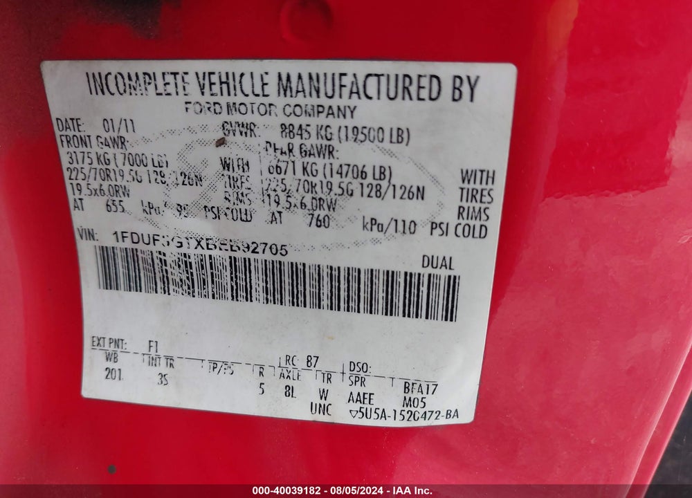 2011 FORD F-550 CHASSIS XLT VIN: 1FDUF5GTXBEB92705