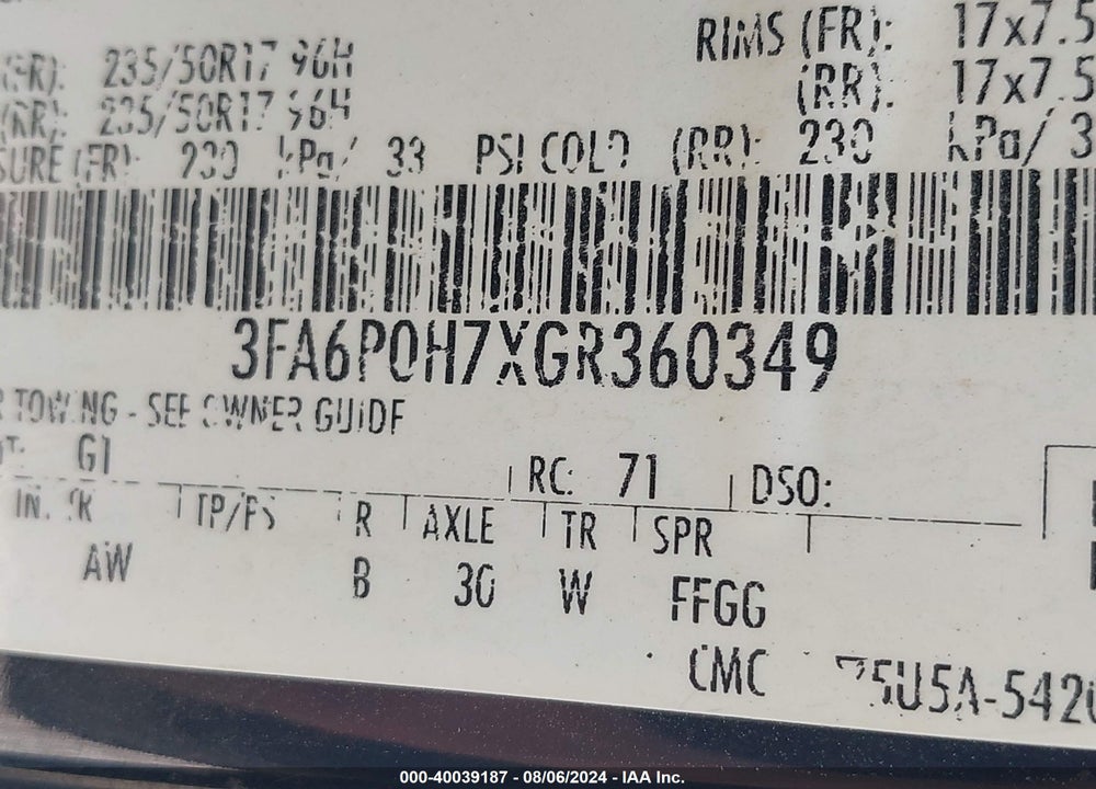 2016 FORD FUSION SE VIN: 3FA6P0H7XGR360349