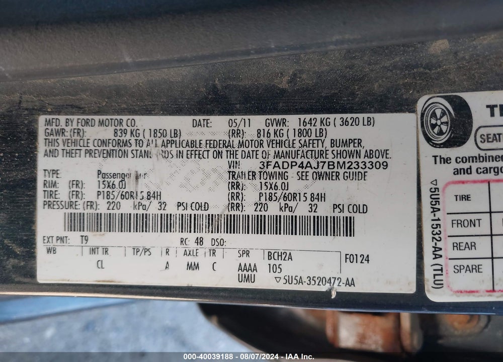 2011 FORD FIESTA S VIN: 3FADP4AJ7BM233309