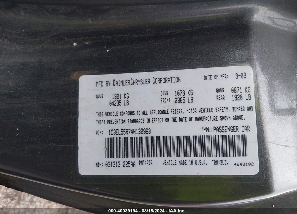 2004 CHRYSLER SEBRING VIN: 1C3EL55R74N132963