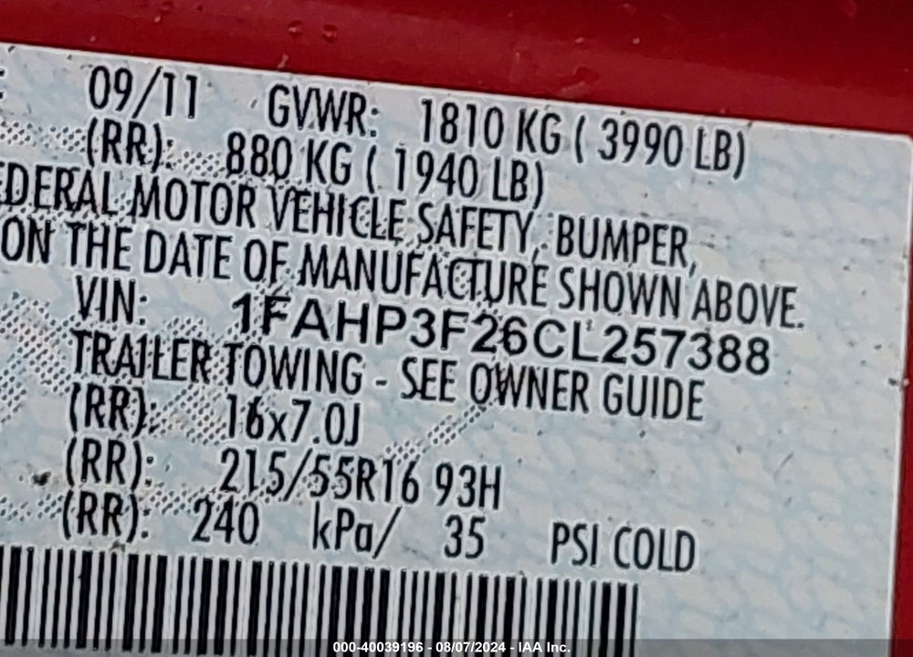 2012 FORD FOCUS SE VIN: 1FAHP3F26CL257388