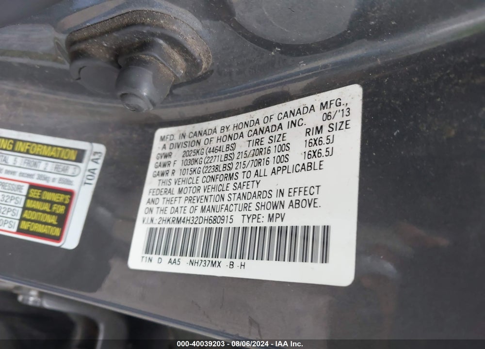 2013 HONDA CR-V LX VIN: 2HKRM4H32DH680915