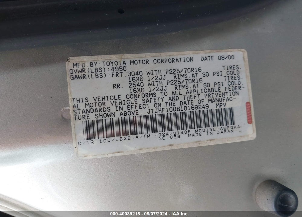 2001 LEXUS RX 300 VIN: JTJHF10U810168249