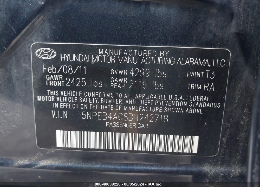 2011 HYUNDAI SONATA GLS VIN: 5NPEB4AC8BH242718