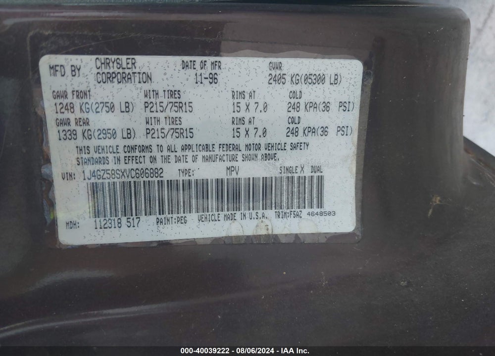 1997 JEEP GRAND CHEROKEE LAREDO/TSI VIN: 1J4GZ58SXVC606882