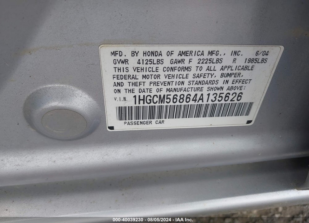 2004 HONDA ACCORD 2.4 EX VIN: 1HGCM56864A135626
