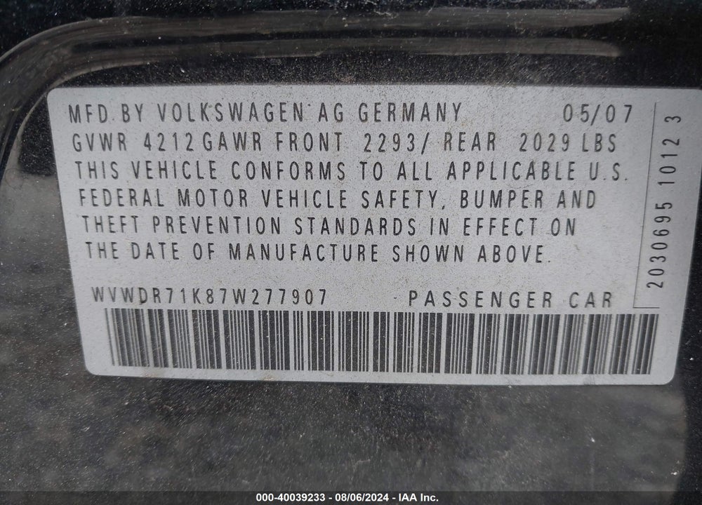2007 VOLKSWAGEN RABBIT VIN: WVWDR71K87W277907