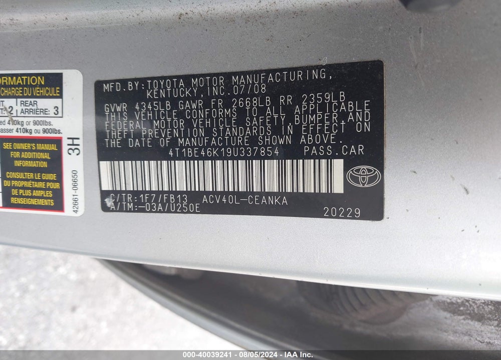 2009 TOYOTA CAMRY LE VIN: 4T1BE46K19U337854
