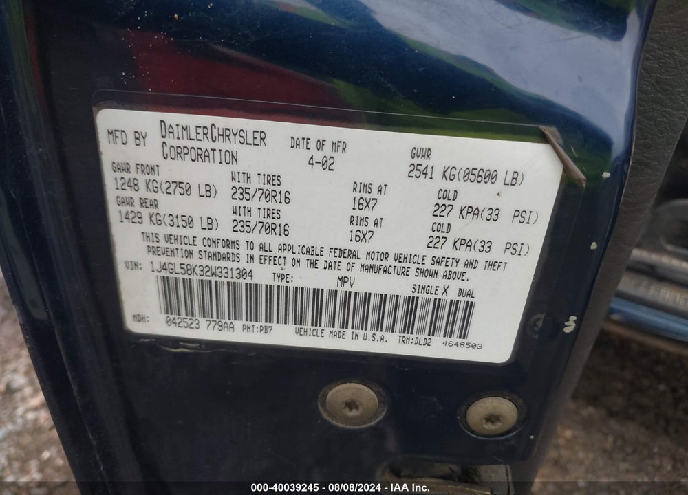 2002 JEEP LIBERTY LIMITED EDITION VIN: 1J4GL58K32W331304