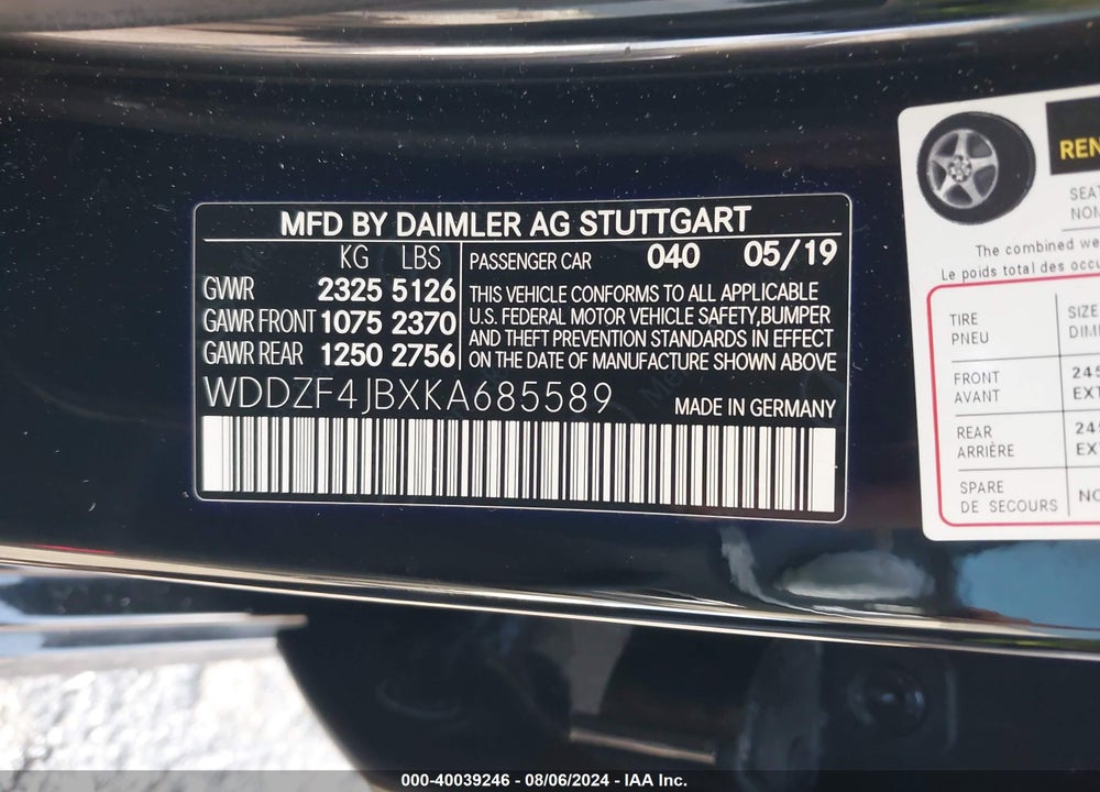 2019 MERCEDES-BENZ E 300 VIN: WDDZF4JBXKA685589