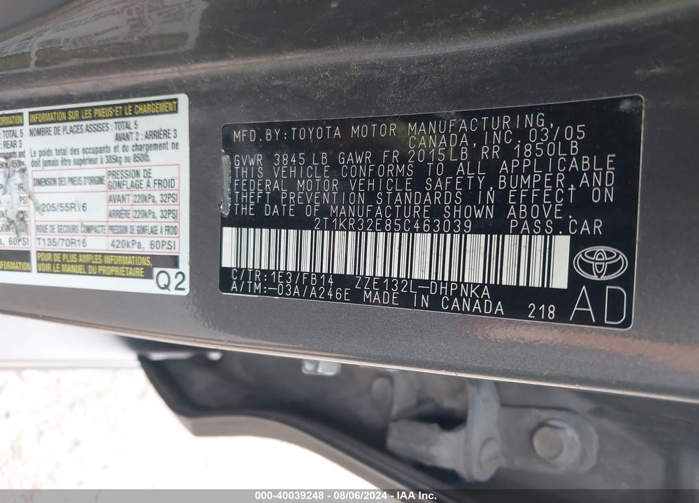2005 TOYOTA MATRIX/XR VIN: 2T1KR32E85C463039