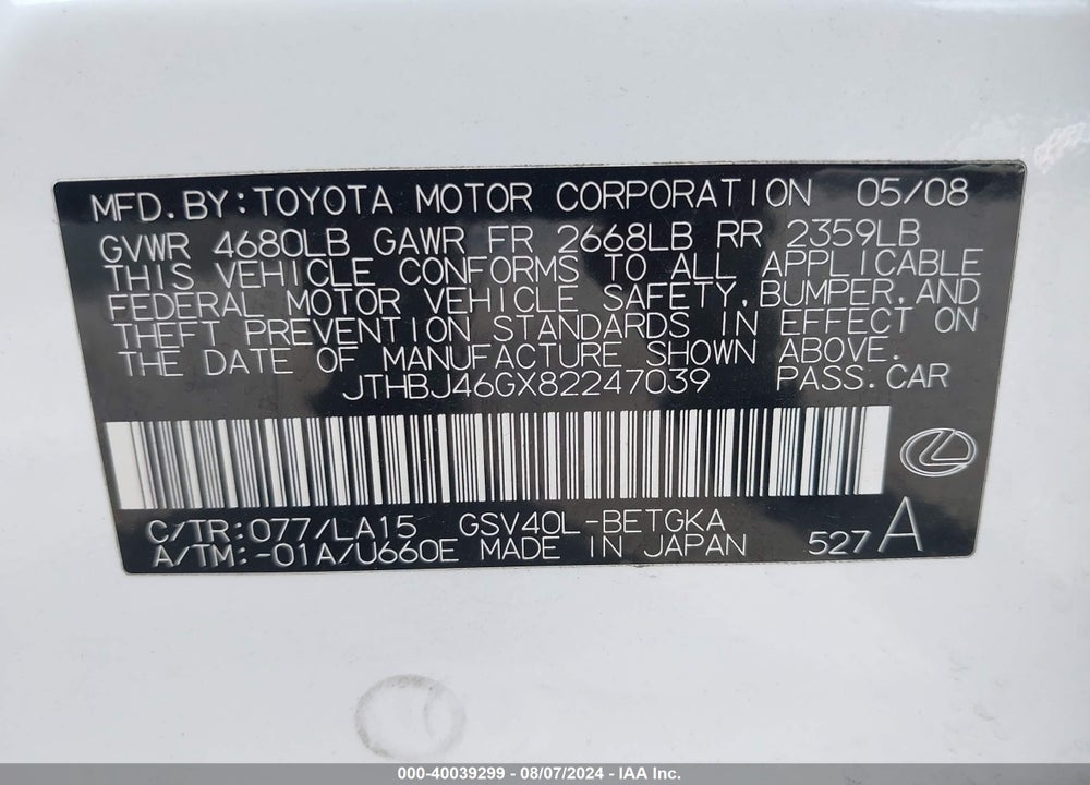 2008 LEXUS ES 350 VIN: JTHBJ46GX82247039