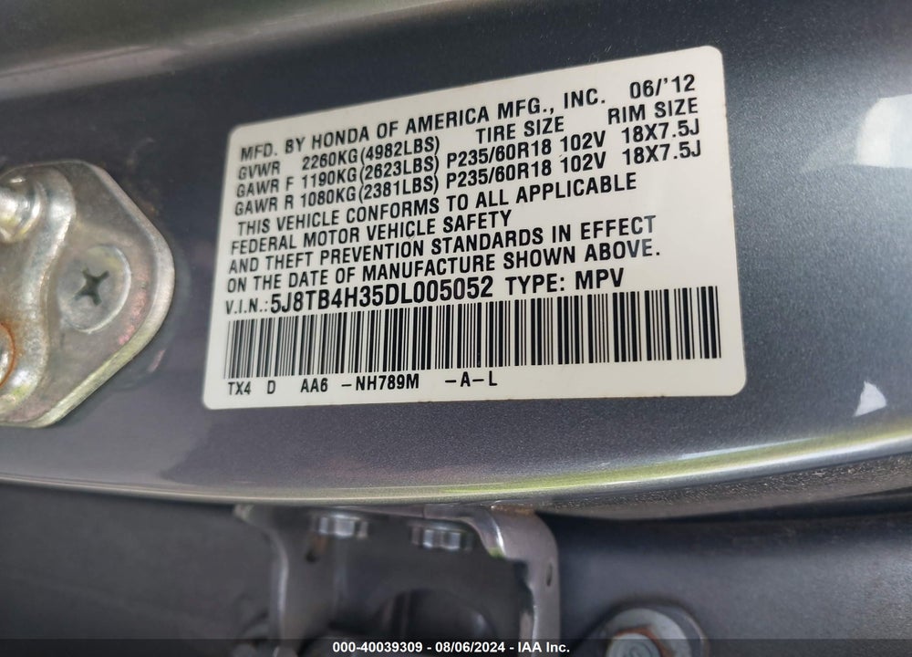 2013 ACURA RDX VIN: 5J8TB4H35DL005052