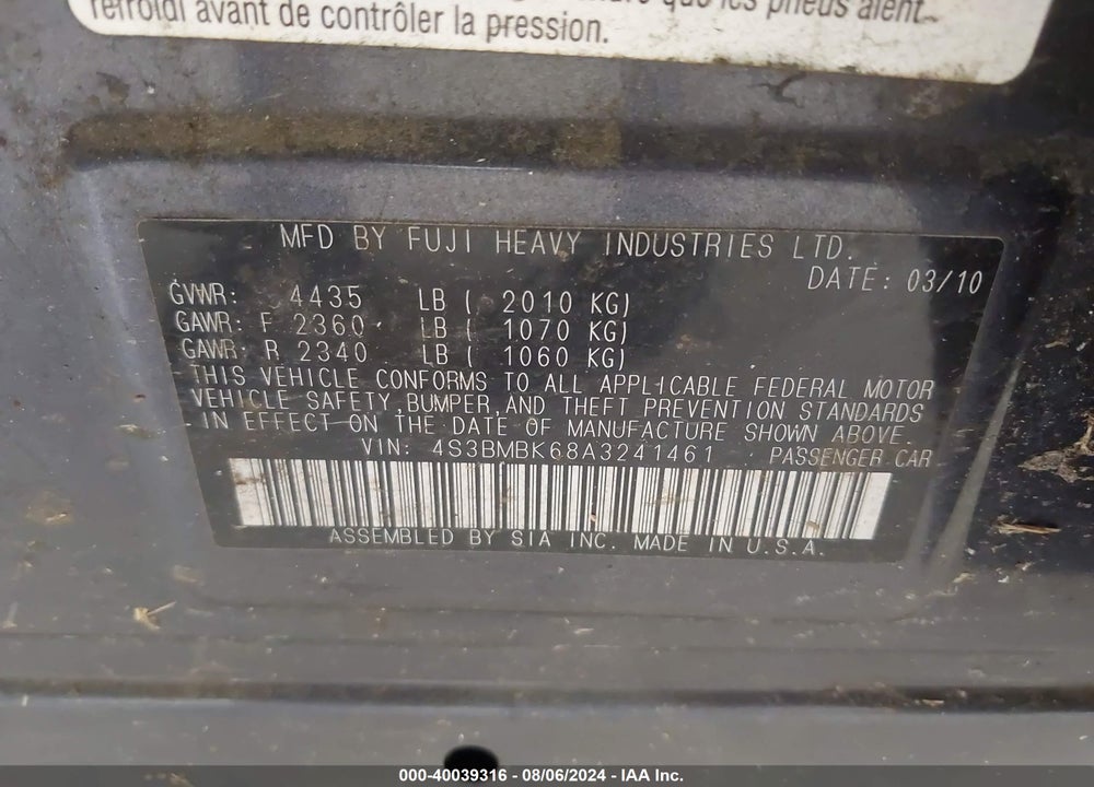 2010 SUBARU LEGACY 2.5I LIMITED VIN: 4S3BMBK68A3241461
