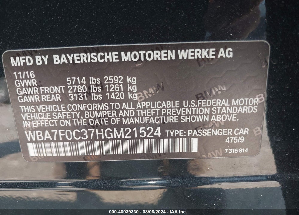 2017 BMW 750I VIN: WBA7F0C37HGM21524