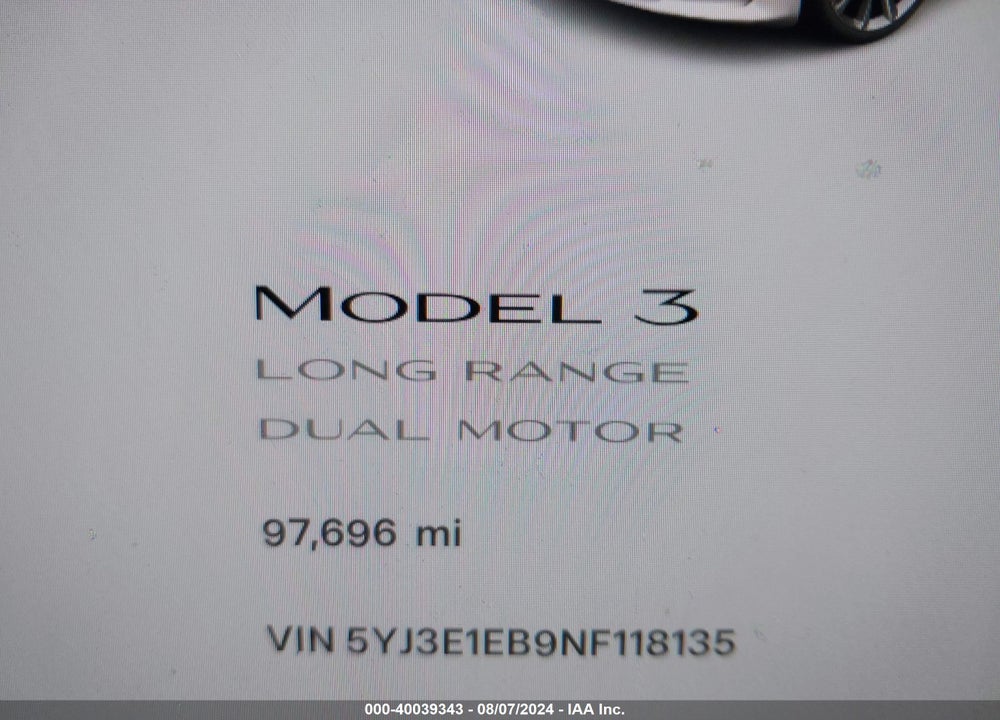 2022 TESLA MODEL 3 LONG RANGE DUAL MOTOR ALL-WHEEL DRIVE VIN: 5YJ3E1EB9NF118135